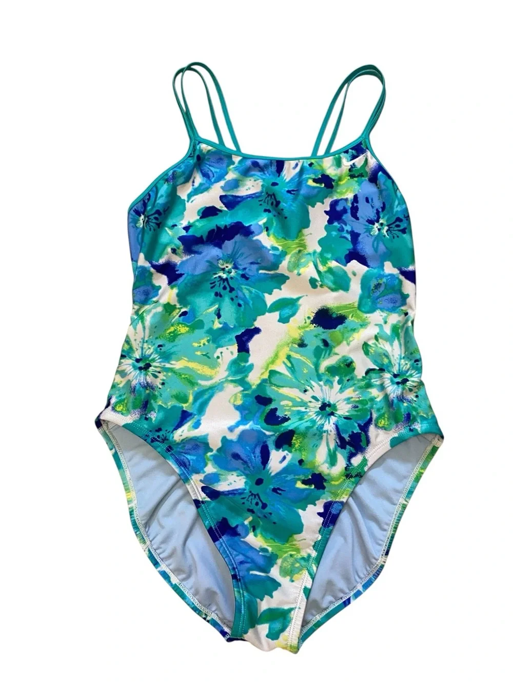 Nike Blue Green Floral Print Crossback One Piece Swimsuit 12 Athletic Sporty